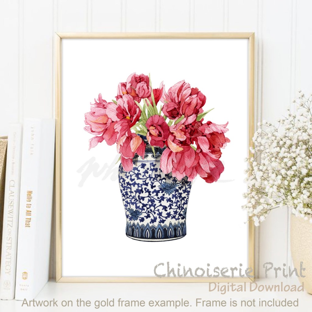 Red flowers in a blue and white chinoiserie pot digital artwork