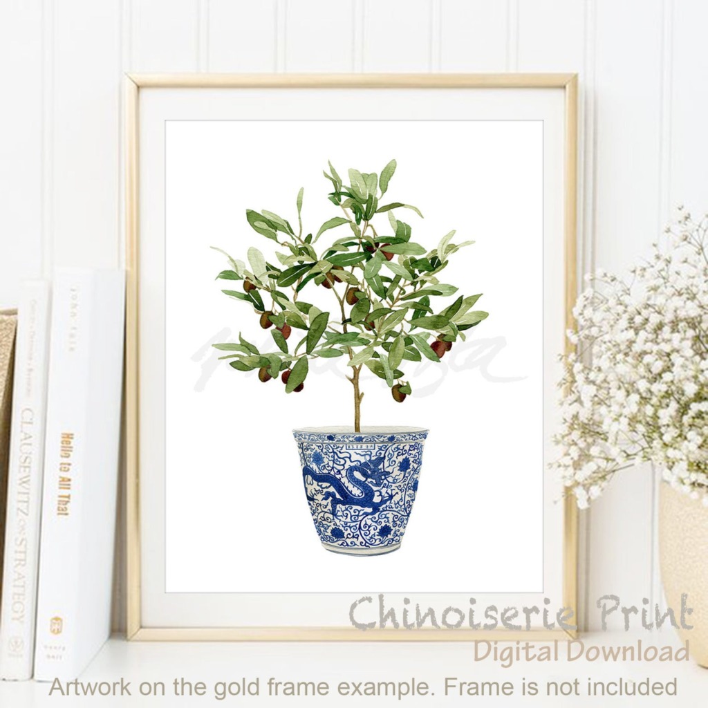 Olive topiary in a blue and white chinoiserie pot digital artwork