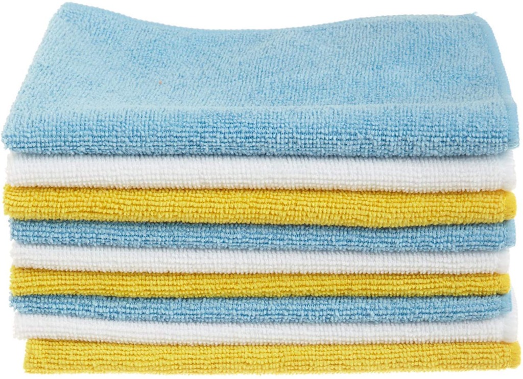 Closeup of blue yellow and white microfiber cleaning cloths