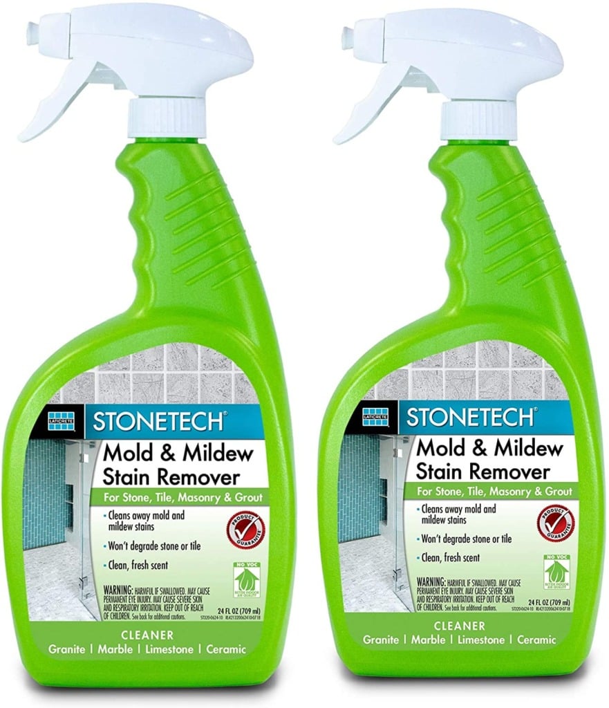 Closeup of two bottles of Stonetech Mold and Milder Stain Remover safe for natural stone