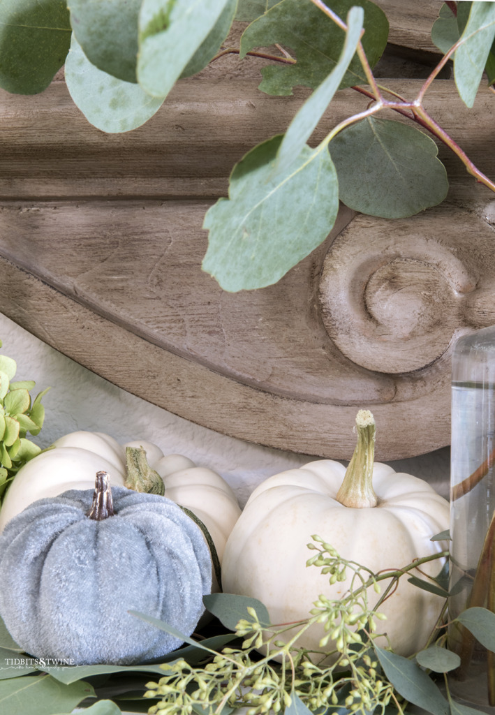 Closeup of mini pumpkins and eucalyptus and french mansard mirror