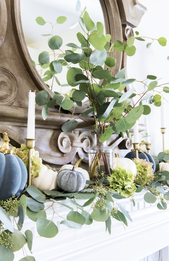 Fireplace mantel decorated for Fall with eucalyptus branches in a glass vase with little pumpkins around