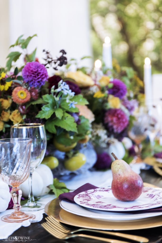 fall french dining table idea with purple pink and gold place setting