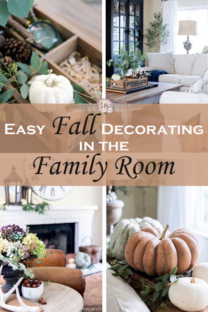 Collage of fall decorating ideas for the family room in sage, white and terracotta