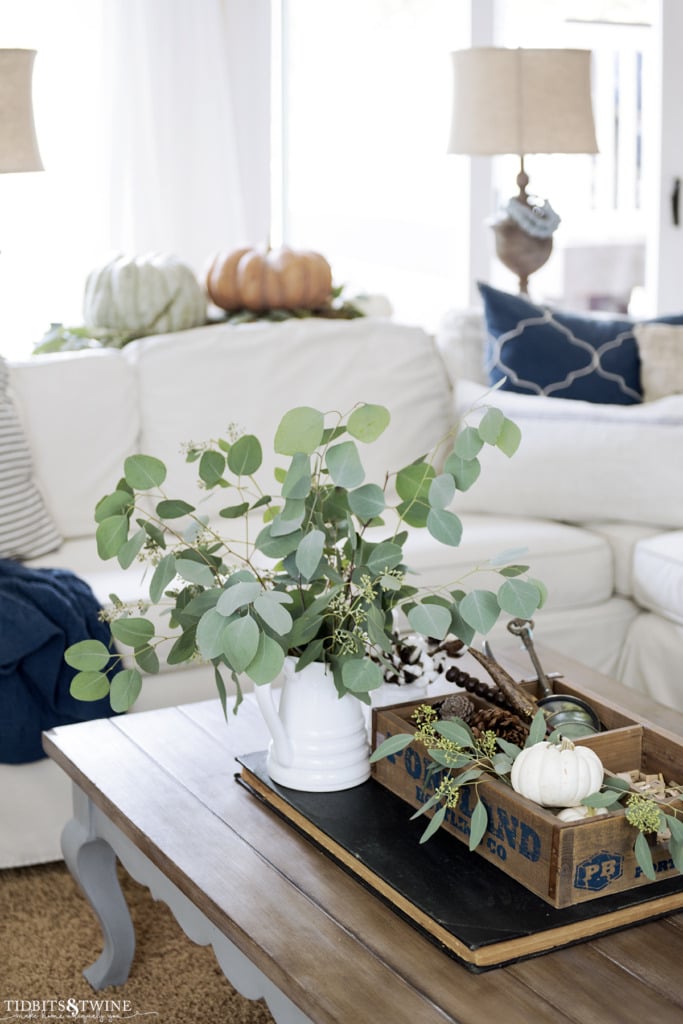 White pitcher with eucalyptus leaves on coffee table decorated for fall