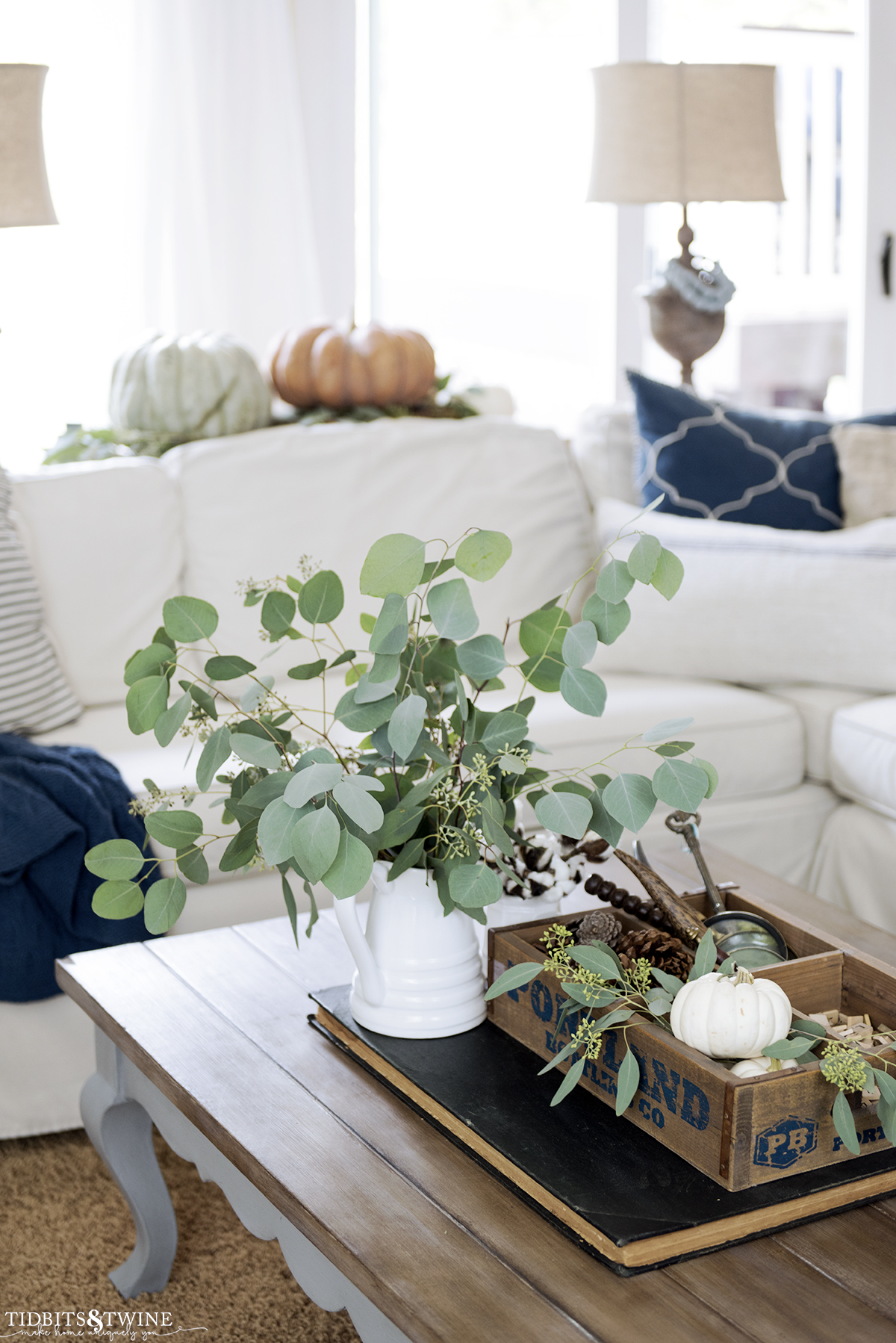 white pitcher full of eucalyptus branches on coffee table with box of white pumpkins and pinecones and white sectional in background