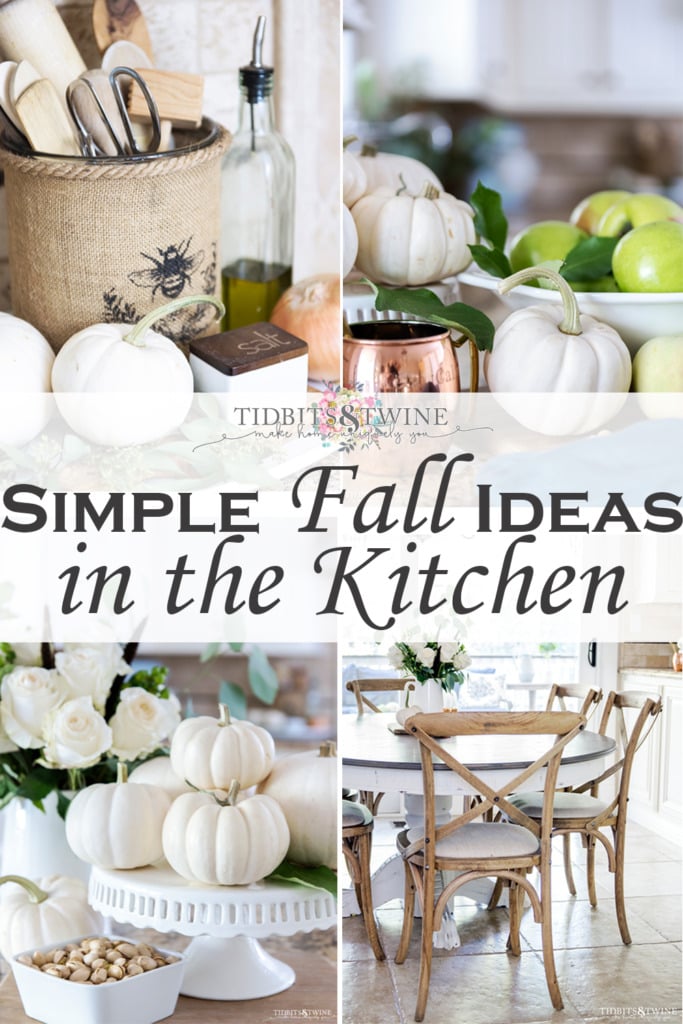 Collage of four pictures that depict Fall decorating in the kitchen