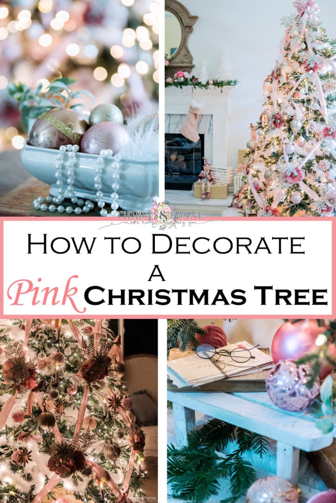 Collage of four images showing how to decorate a pink Christmas tree with crisscross ribbon and a French style