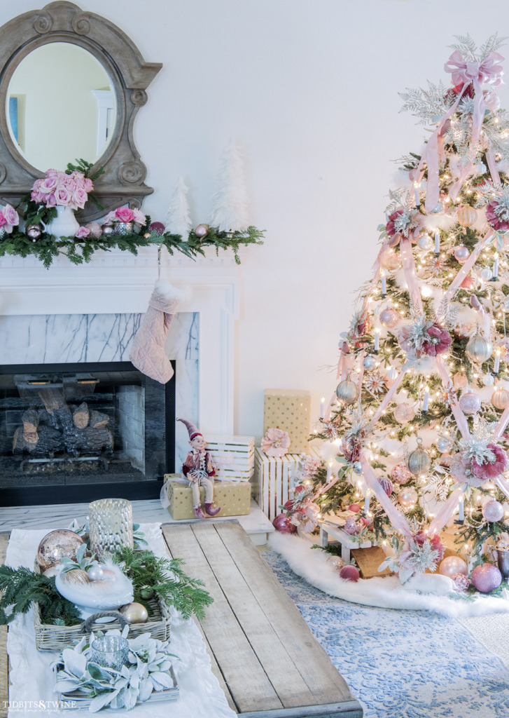 Living room Christmas decor in pink and white