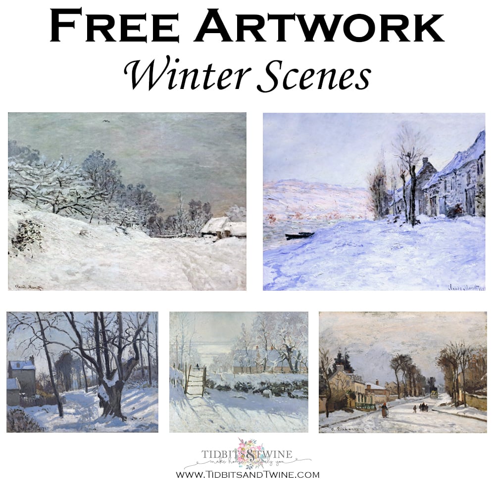 Collage of winter scene artwork that can be digitally downloaded for free