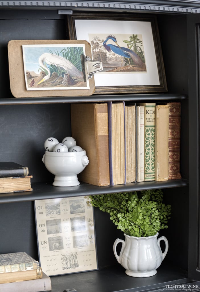 Antique books and frame bird art styled on black French shelves