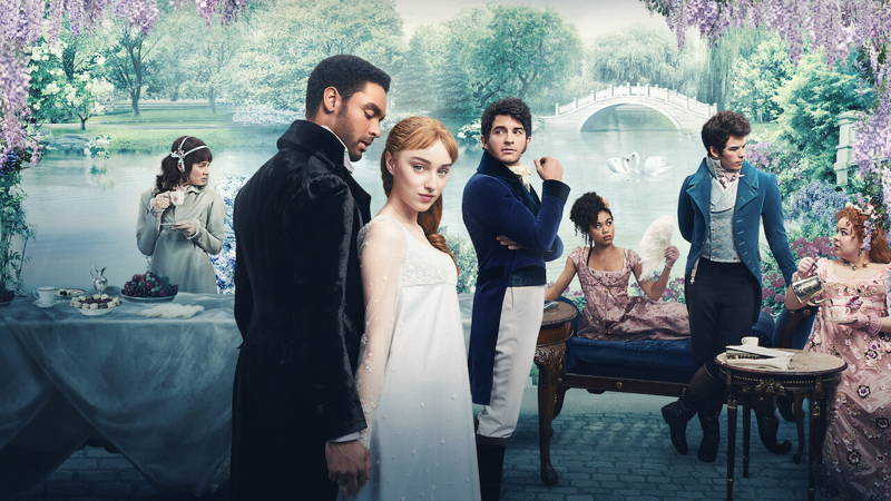 Netflix Bridgerton character photo with pond background and wisteria
