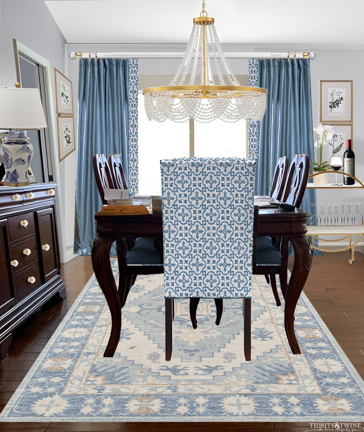 Traditional and contemporary dining room traditional table blue silk curtains blue contemporary rug and chair and chandelier