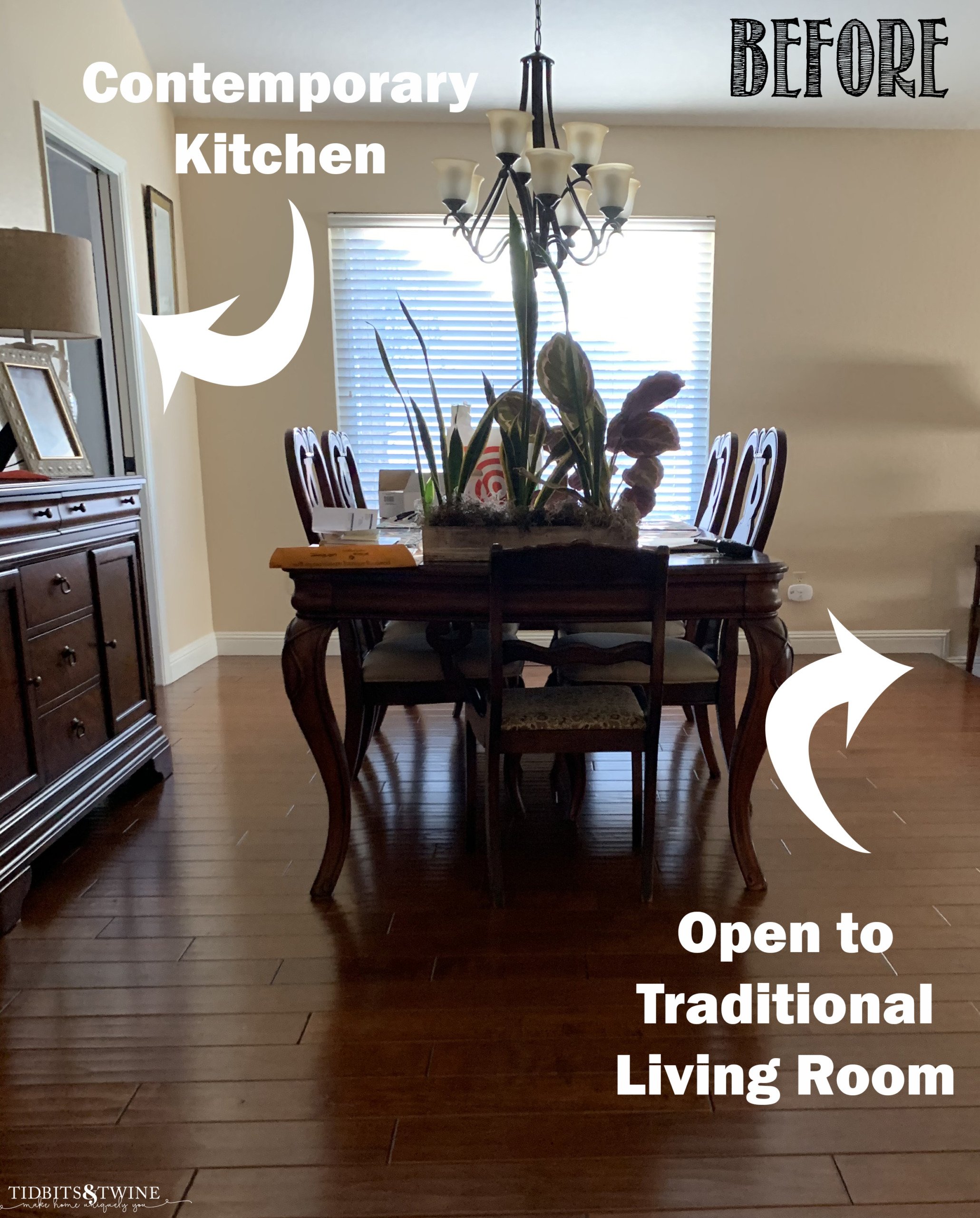 traditional dining room before with dark wood dining table and beige walls no textiles