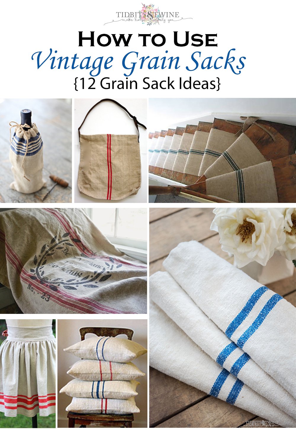 Collage photo of 12 ideas on how to use vintage grain sacks for decorating ideas