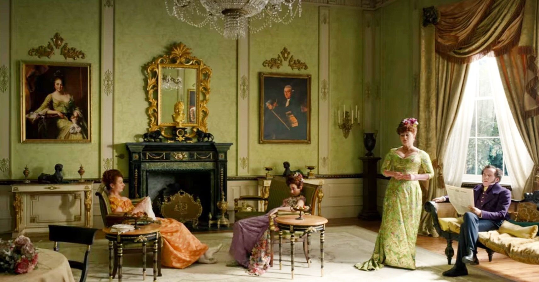 Netflix Bridgertin Featherington drawing room with green walls and Regency settees