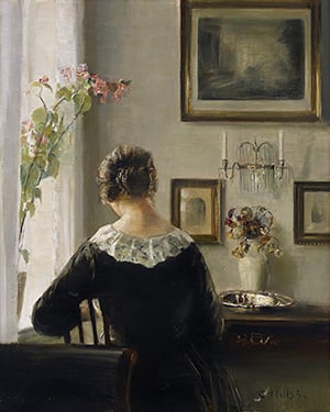 Carll Holsoe painting of woman in black dress with bun at desk writing