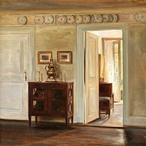 Carl Holsoe painting of interior hallway with small side table and plates on wall