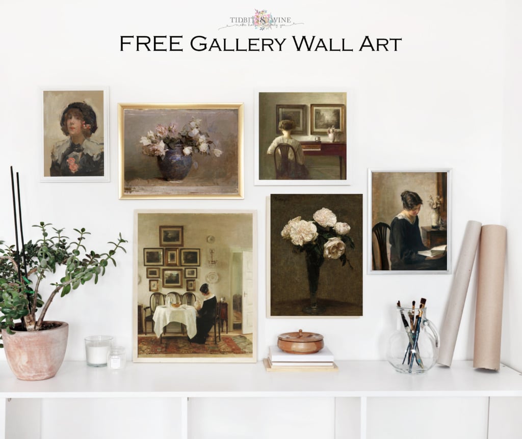 Six framed paintings in a gallery wall using Carl Holsoe art and art of flowers