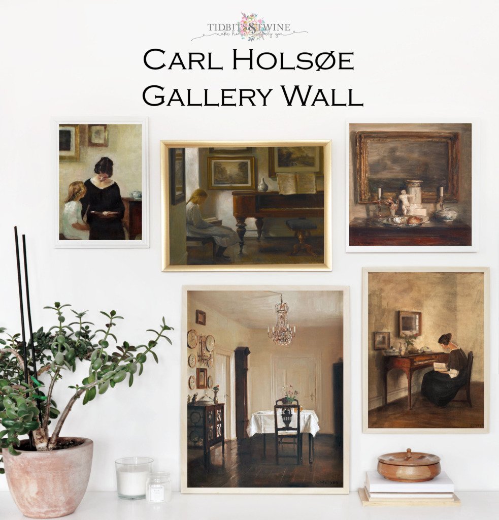 Five framed paintings from Carl Holsoe in a gallery wall above a white cabinet