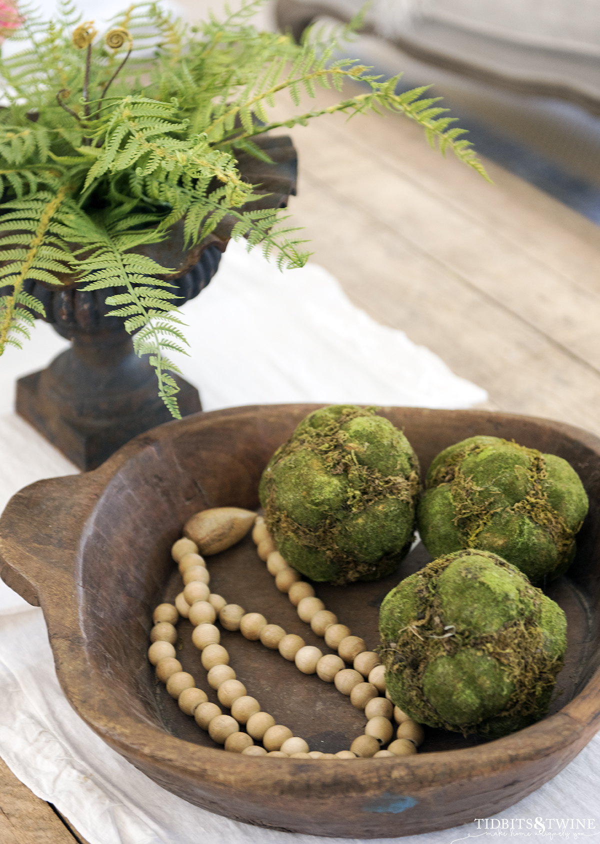Wooden dough bowl with green moss balls and iron urn with fern on industrial coffee table