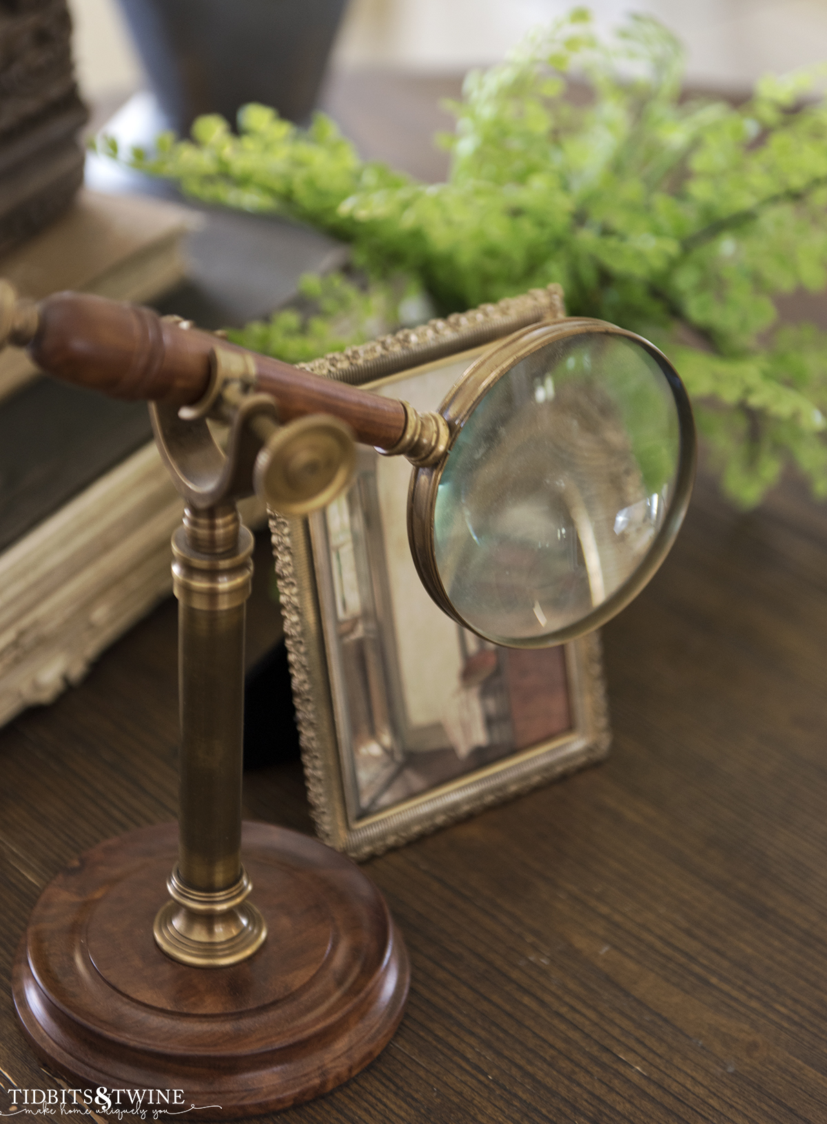 Vignette of magnifying glass and gold framed artwork and green fern