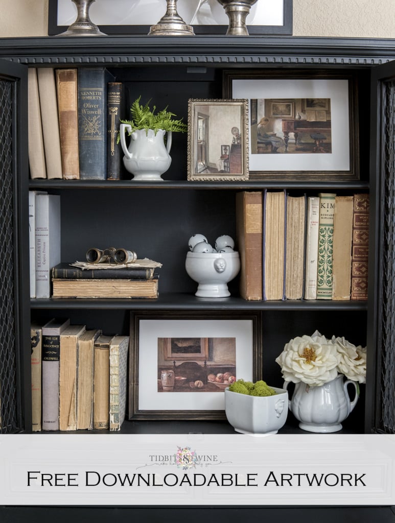 Black cabinet styled with ironstone antique books and free downloadable Carl Holsoe art