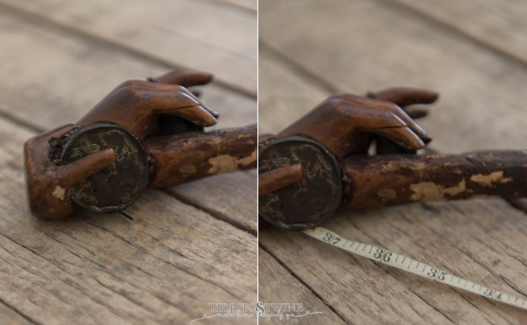 side by side photos showing wooden hand walking stick handle holding vintage measuring tape