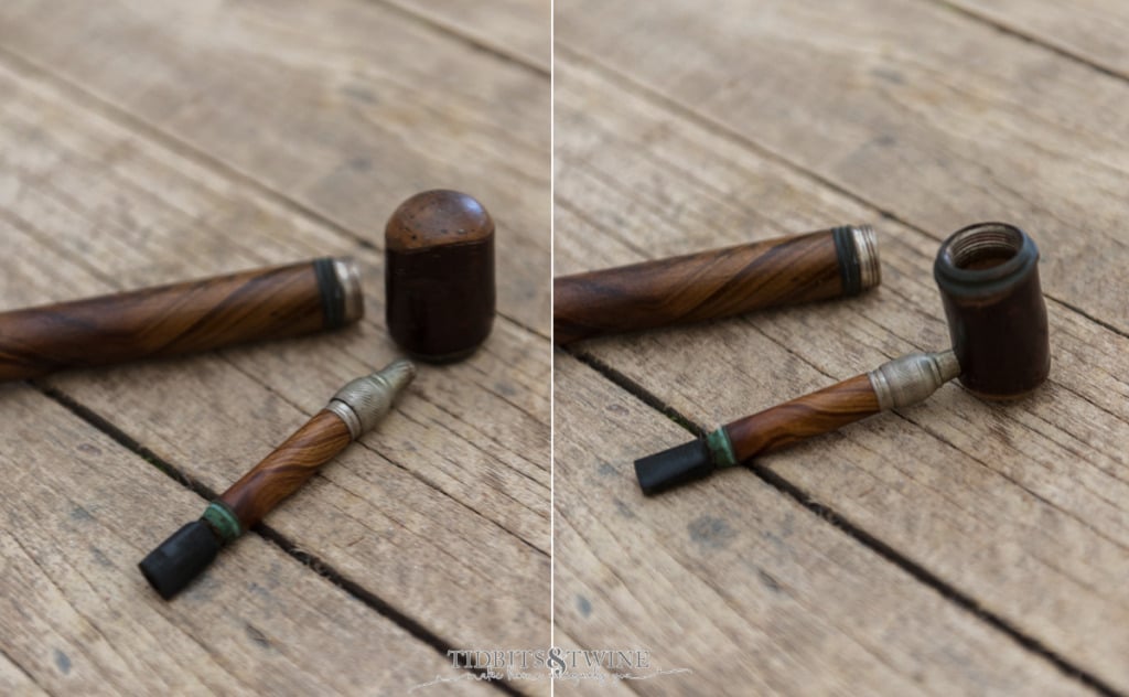 Side by side photos showing how to assemble gadget cane tobacco pipe