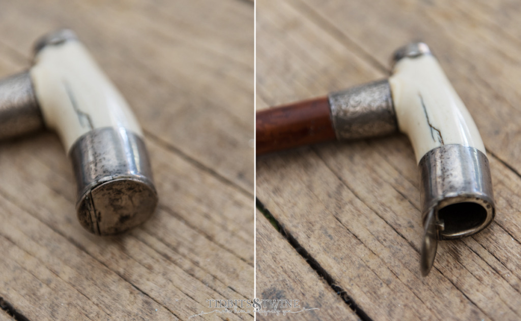 side by side photos of snuff box gadget cane showing how box opens