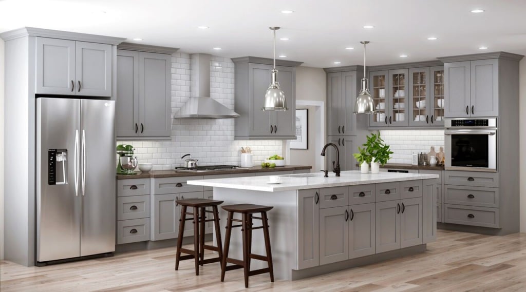 kitchen with gray cabinets with shaker style doors