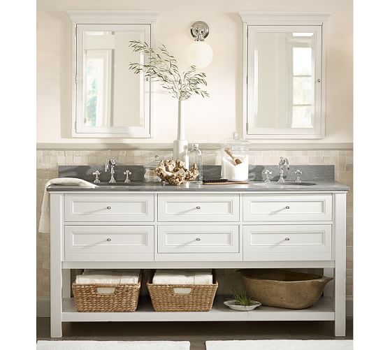 white bathroom double vanity with open storage at the bottom and gray countertop