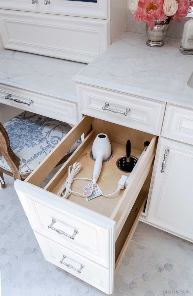 bathroom vanity with pullout drawer for hair dryer