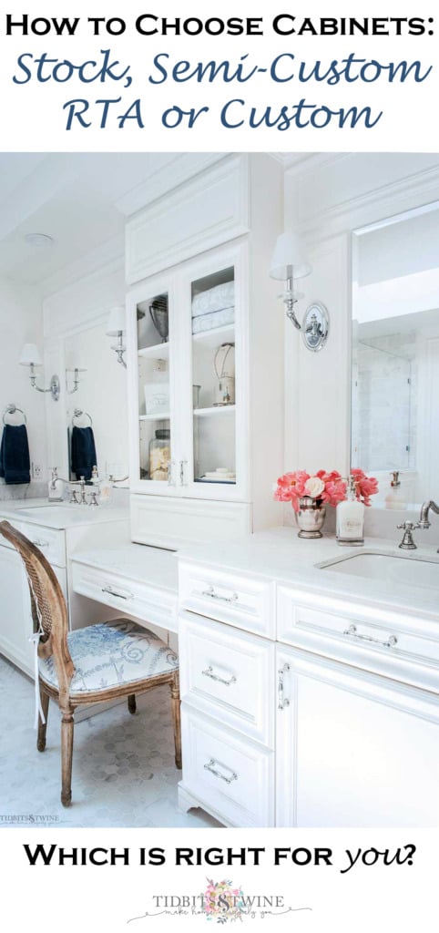 White bathroom vanity with makeup area in center and tower