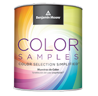 the front of a benjamin moore paint sample can with a rainbow swirl on the front