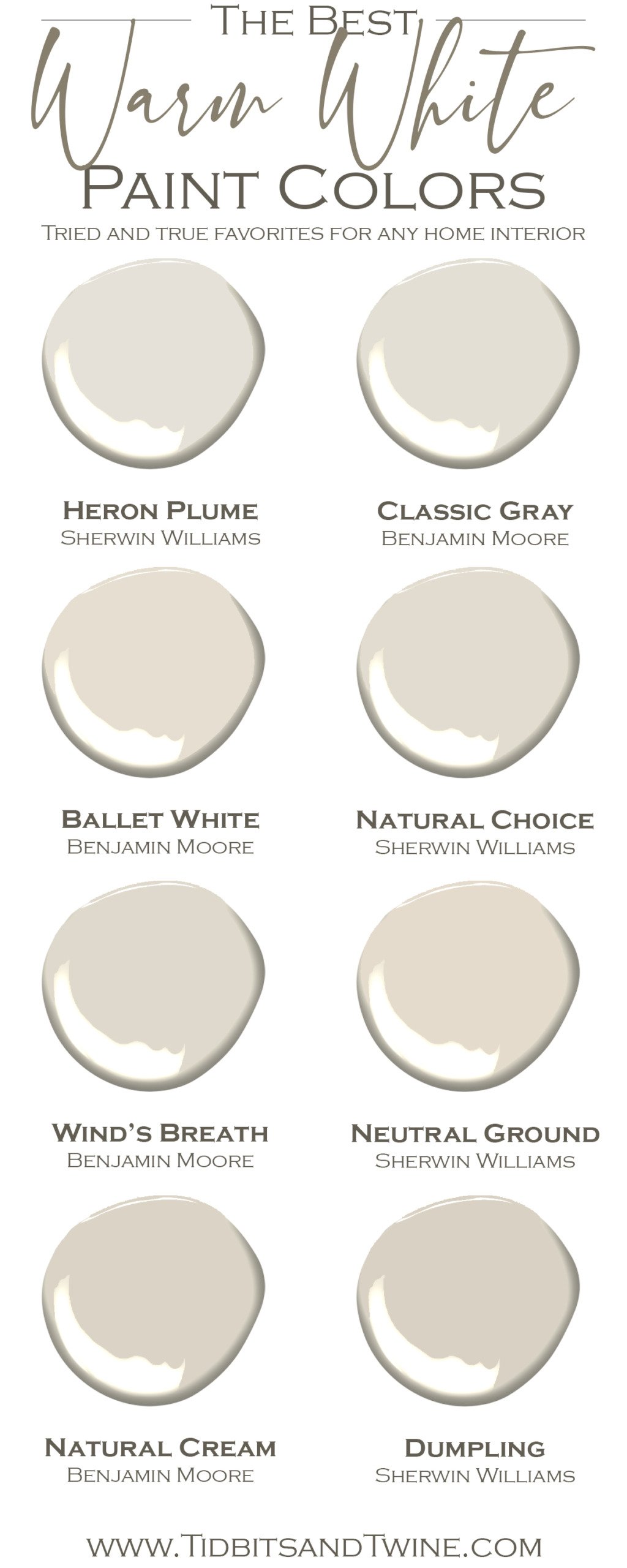 Benjamin Moore off-white paint colors - try wall samples before deciding.