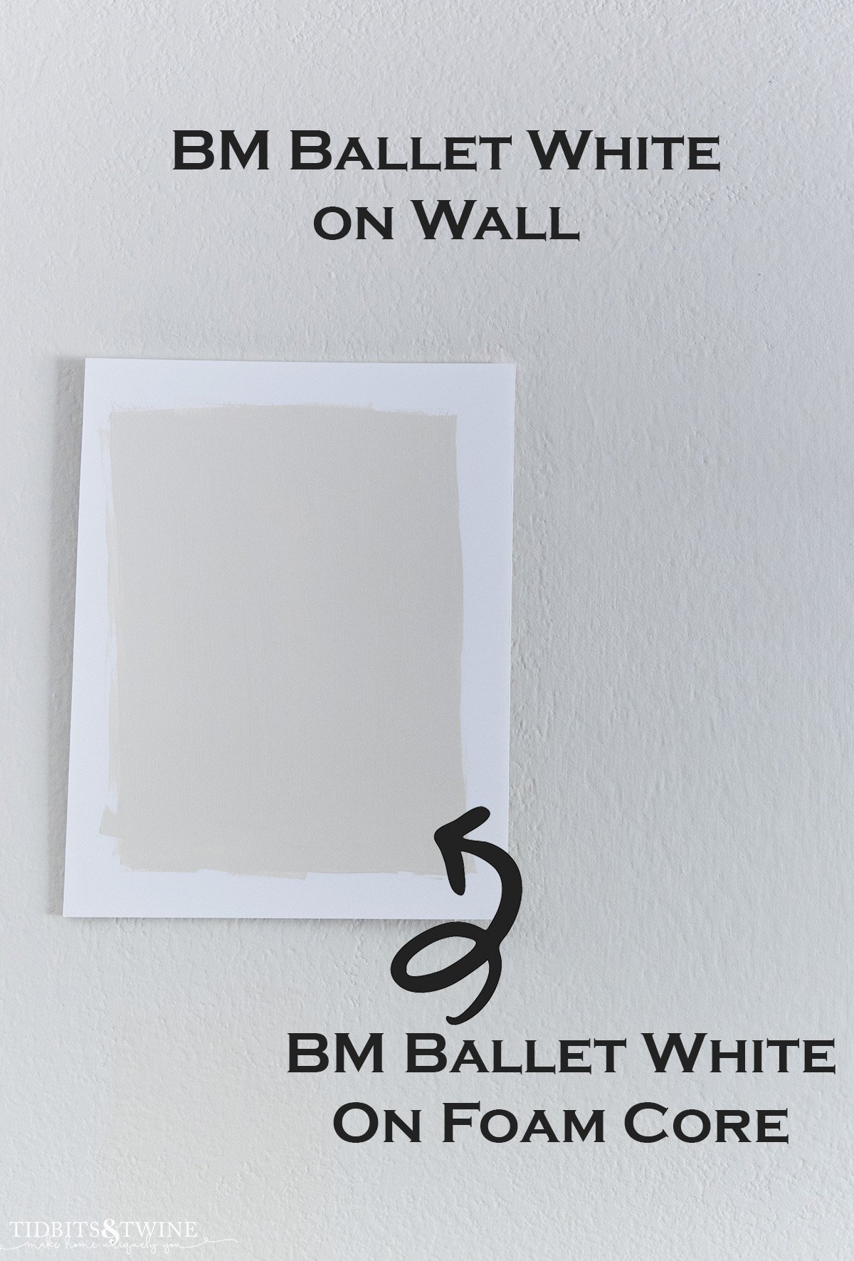 closeup of a wall with benjamin moore ballet white painted on it and a white foam core board with the same paint and the colors look different