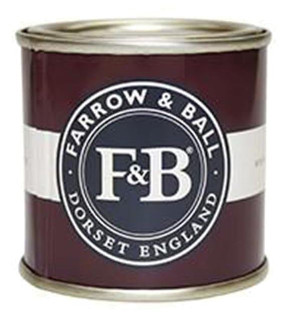 closeup of a farrow and ball paint sample can with burgandy label with white stripe and blue logo