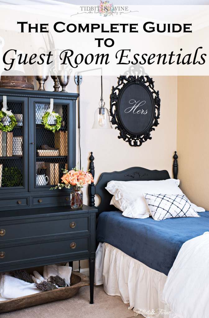 guest bedroom with antique french black furniture twin bed with blue blanket and text overlay