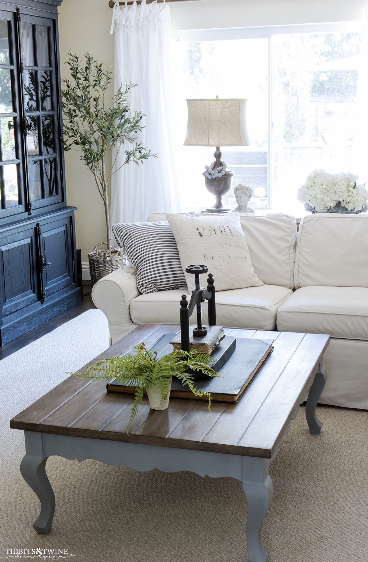 white slipcovered sectional with french coffee table with book press and fern on top and custom wool area rug