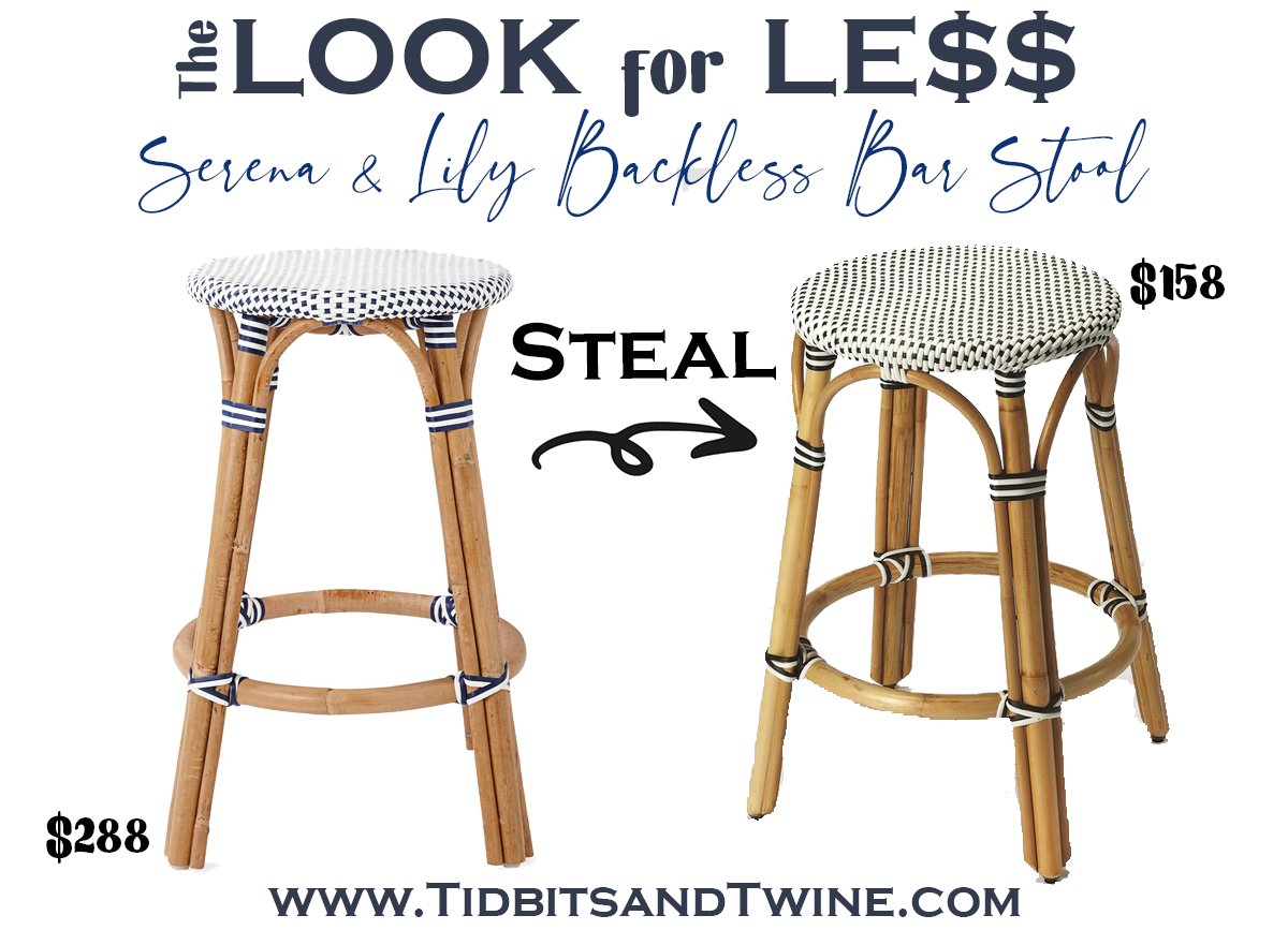 serena and lily riviera backless bar stool next to a dupe with text overlay saying The Look for Less