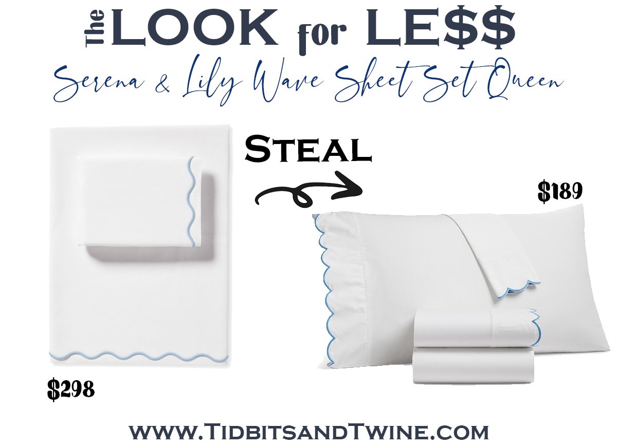 serena and lily white sheet set with blue wave trim next to a dupe with text overlay saying The Look for Less
