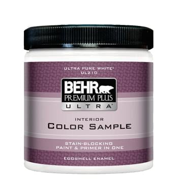 closeup of a behr paint sample can in with a purple horizontal stripe label