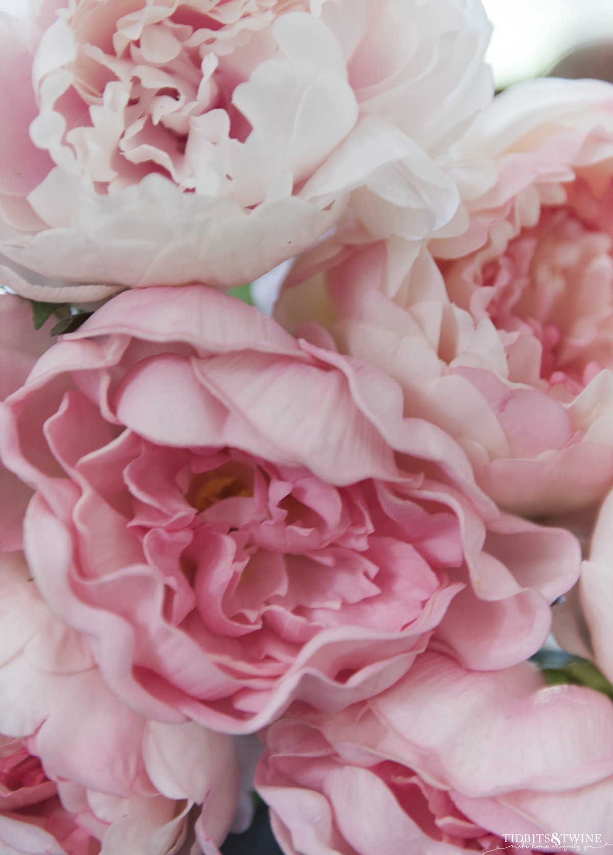 closeup of 5 fake pink peonies grouped together showing their ruffle petals