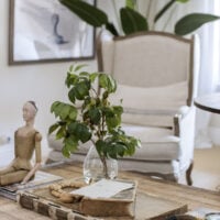 neutral living room with wooden top coffee table with old books on top and a vase with olive branches next to santos doll with french wingback chair in background