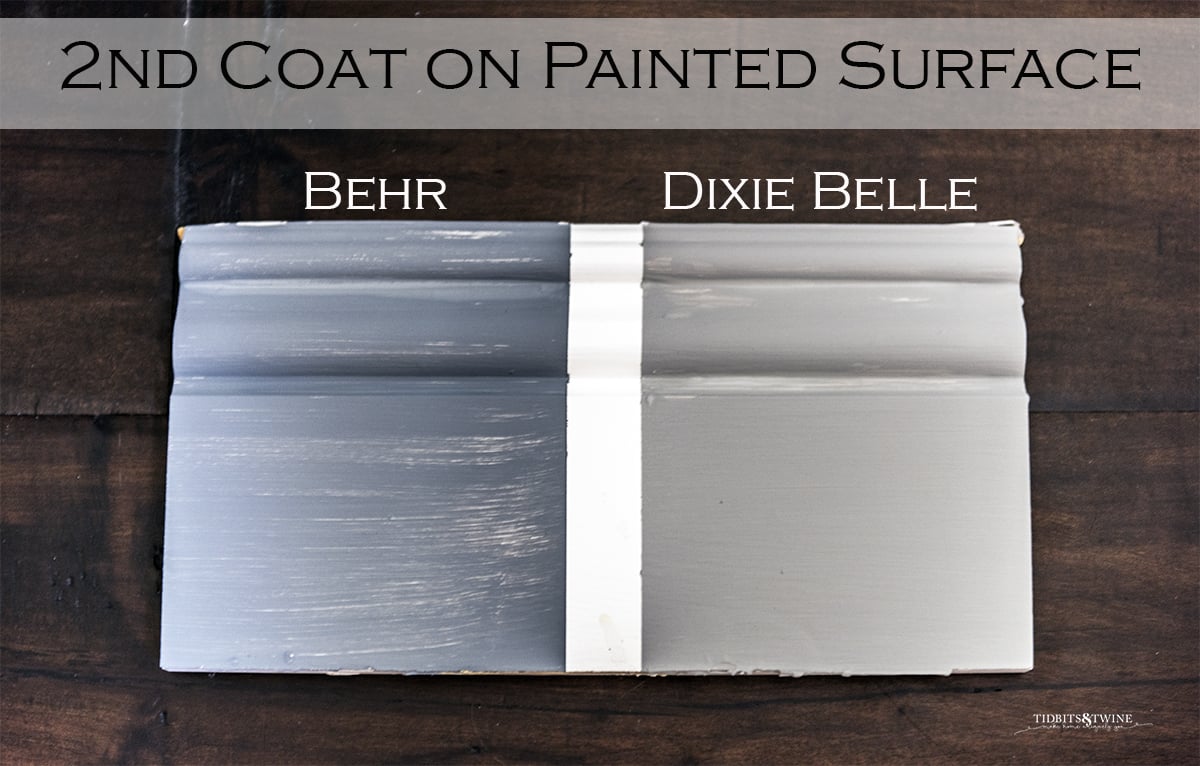 board sectioned in two one painted with behr chalk paint and one dixie belle showing coverage on 2nd coat of paint