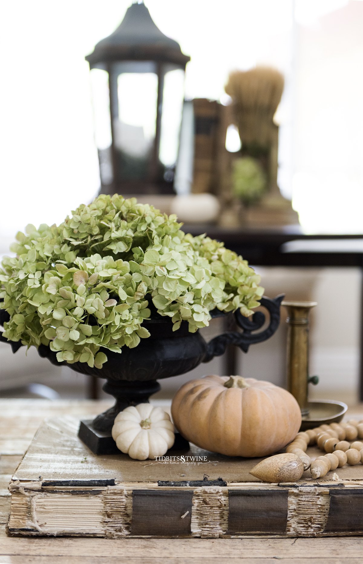 black french urn filled with dried hydrangea with small pumpkins at base on top of old book with table styled for fall in background