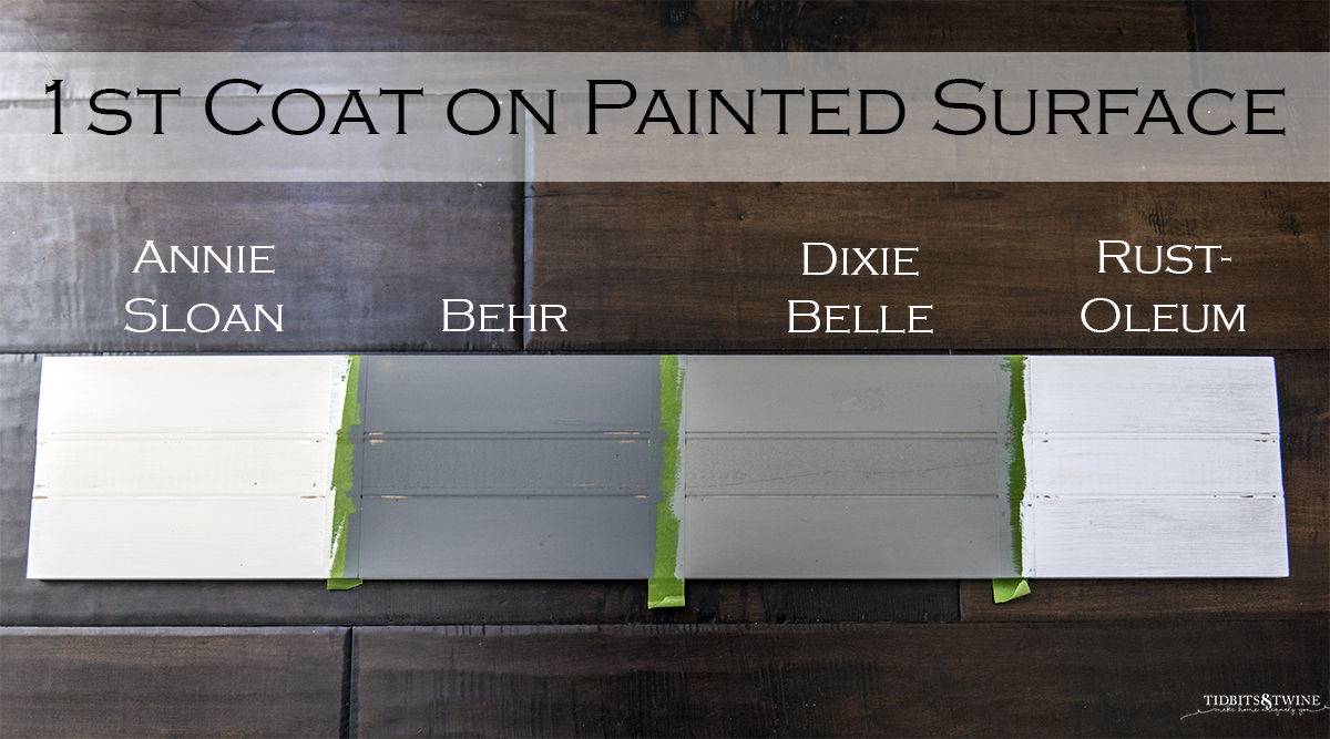 board sectioned into four parts each painted with chalk paint and labels reading annie sloan, behr, dixie belle and rust-oleum