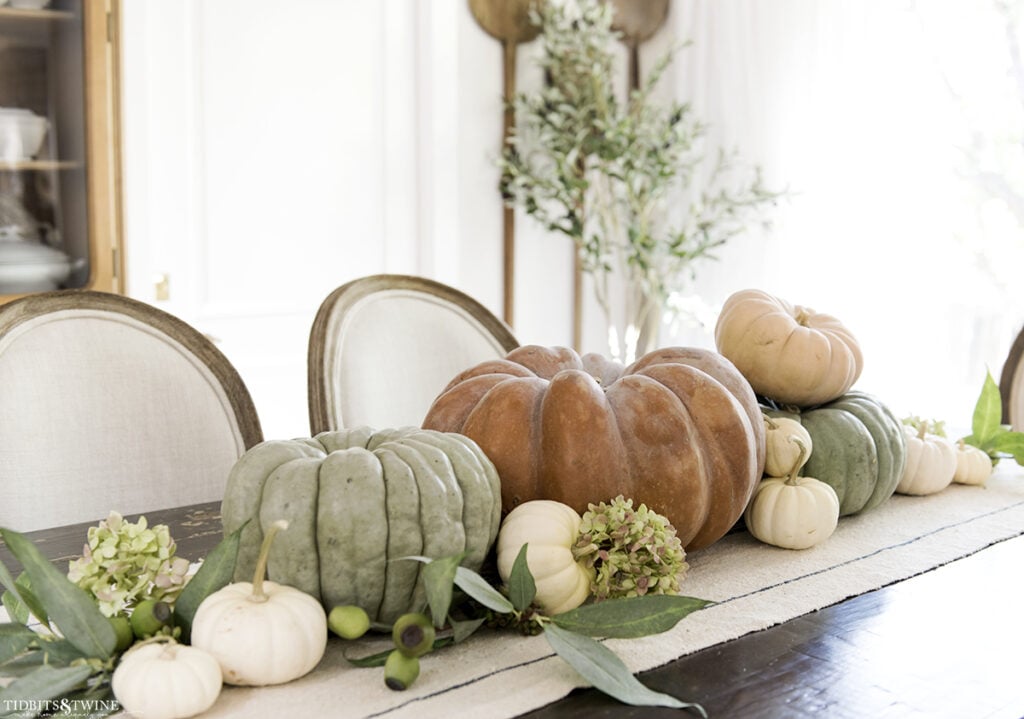 french dining room with easy diy pumpkin centerpiece with eucalyptus and dried hydrangea