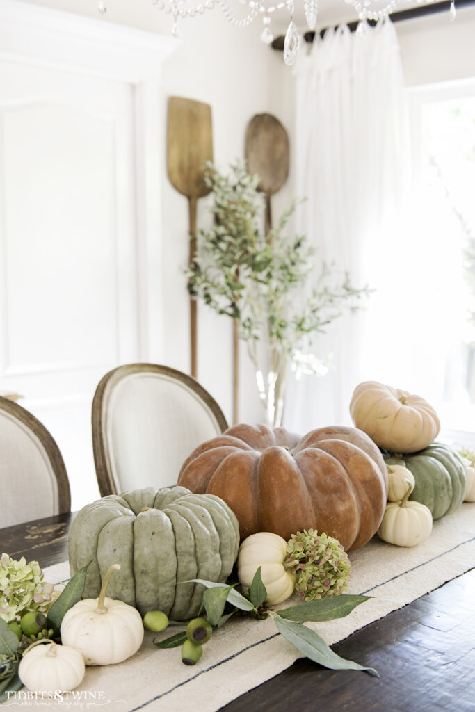 french dining room with easy diy pumpkin centerpiece with eucalyptus and dried hydrangea